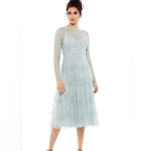 Mac Duggal Illusion high neck light Green Long Sleeve Midi Dress